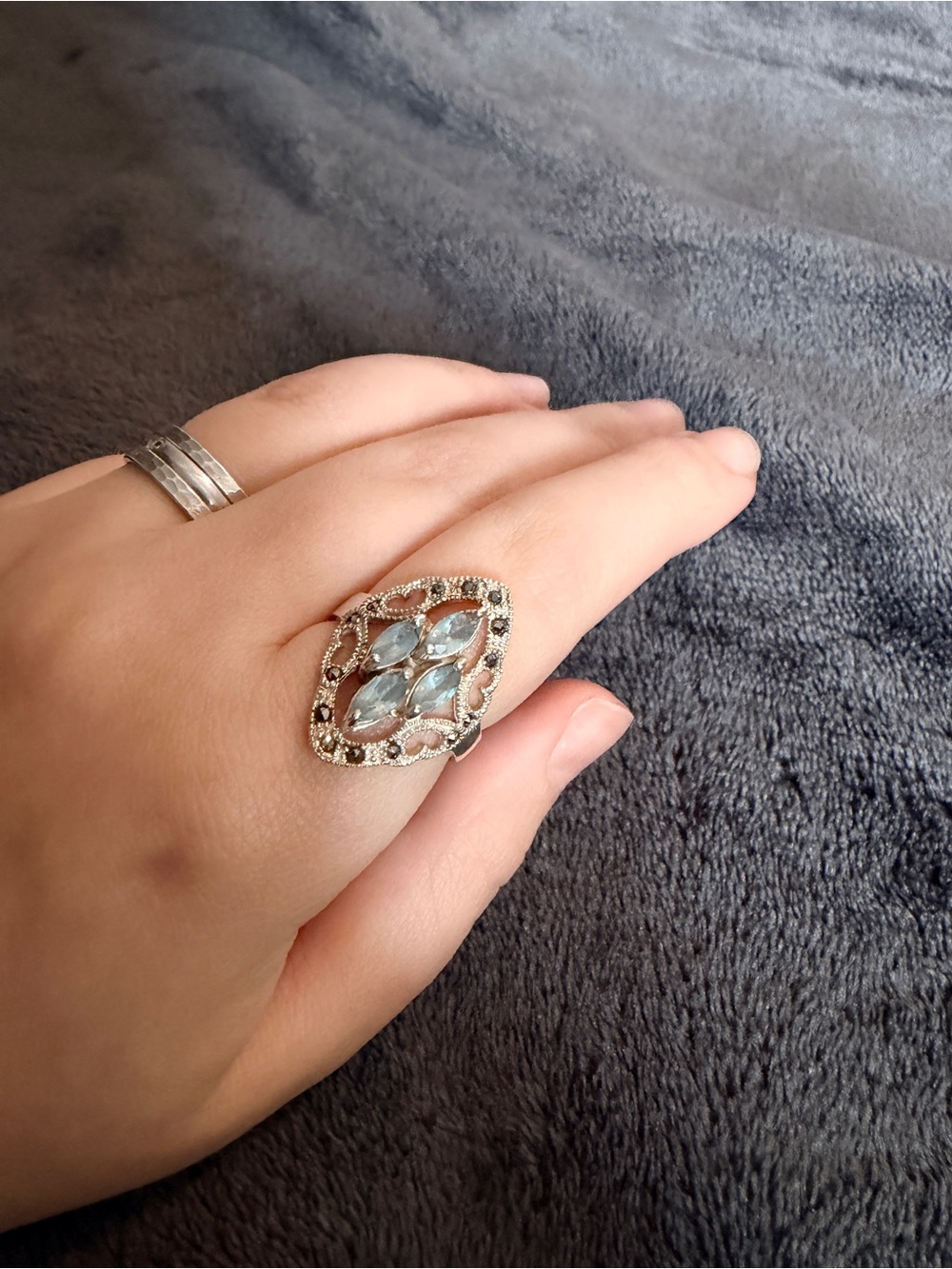 Silver Filigree Ring with Light Blue Gemstones Sz 6.5-7